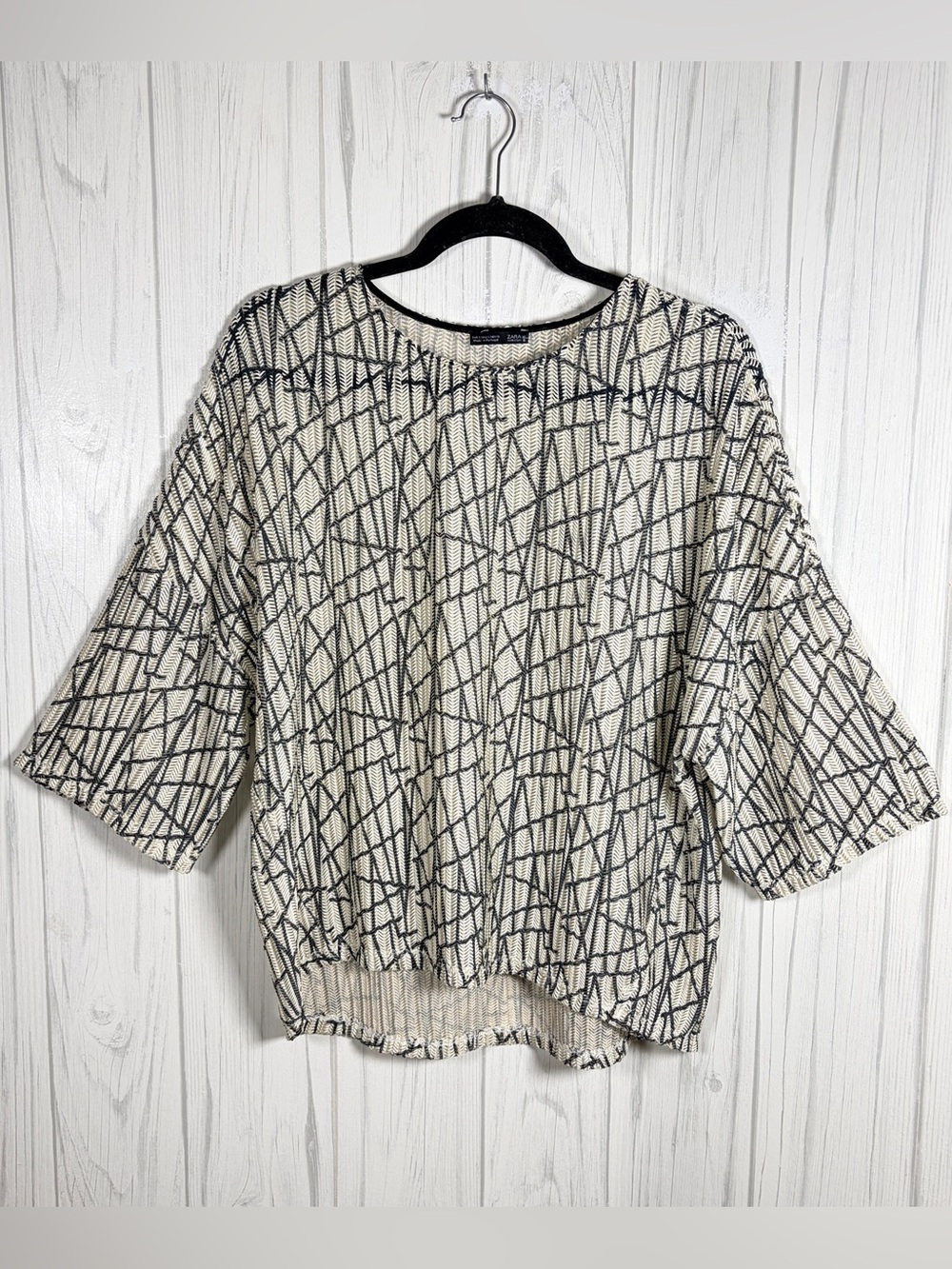 ZARA Oversized Openwork Chevron Knit Short-Sleeve Top, Small, High-Low Hem